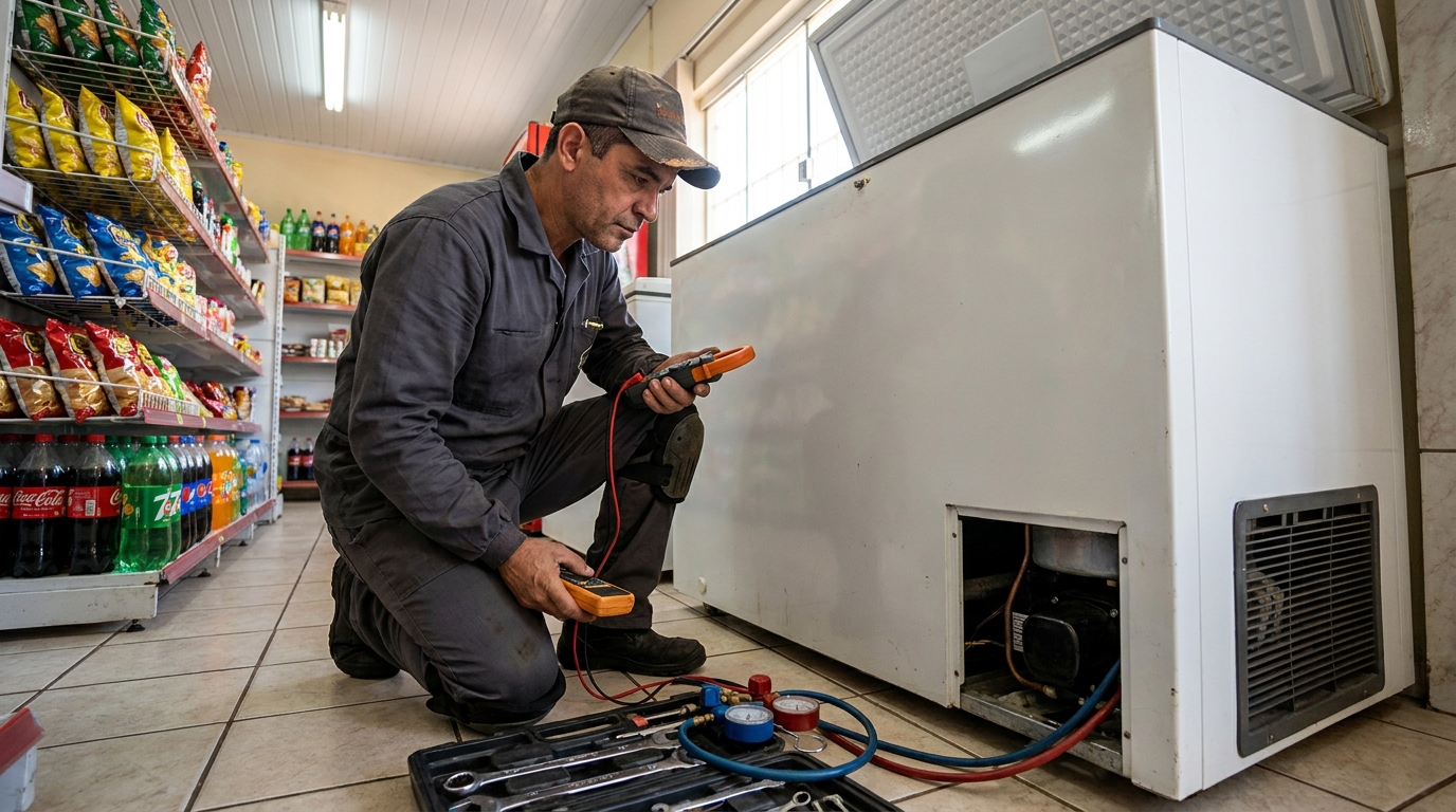 Reparo da placa eletrônica de um freezer em atendimento em Guarulhos‑SP