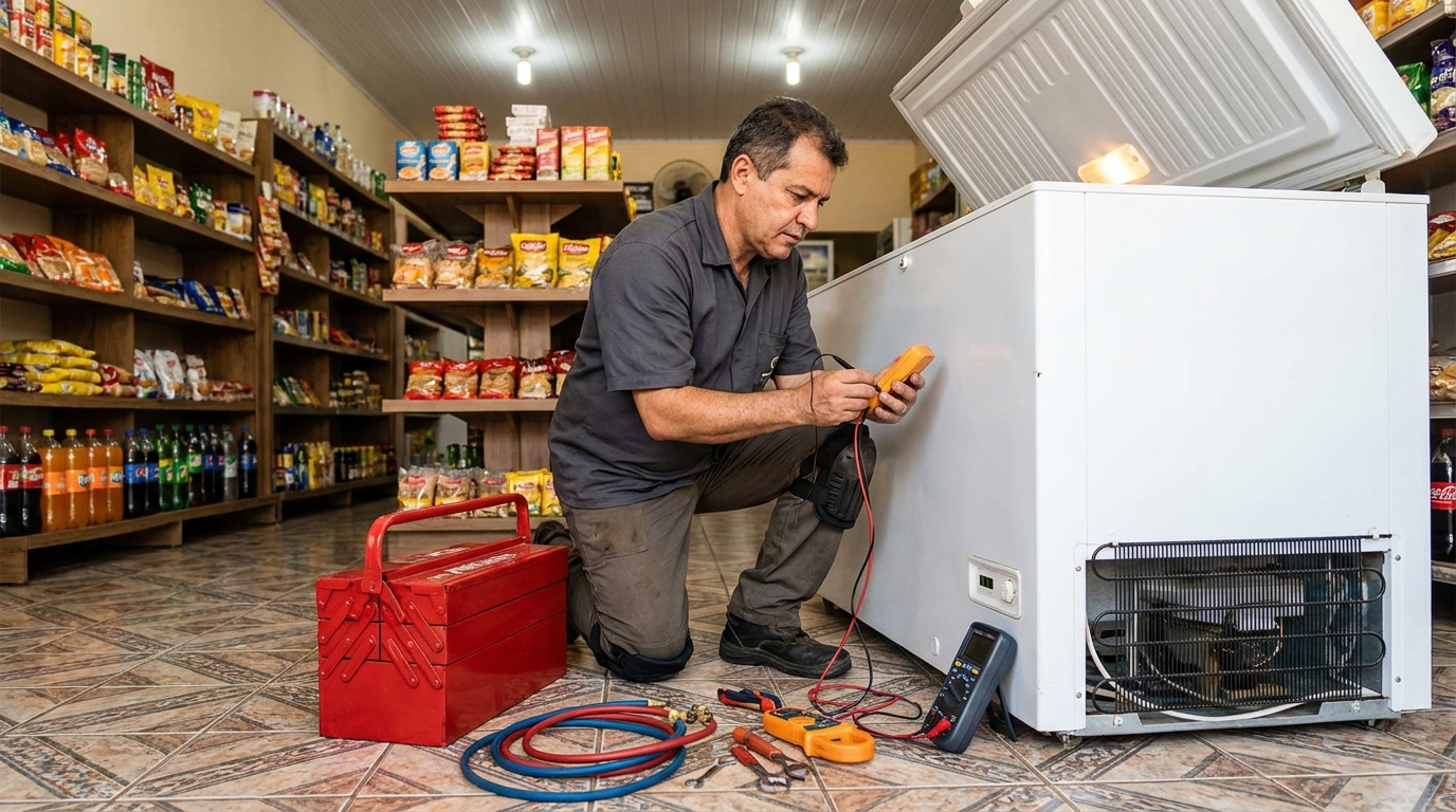 Manômetro conectado ao circuito durante recarga de gás de freezer em Guarulhos‑SP