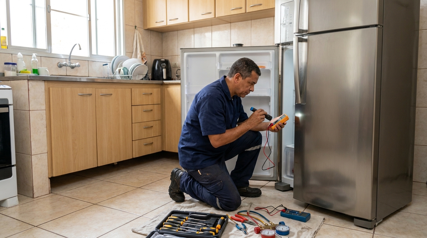 Técnico fazendo recarga de gás em geladeira de cliente no Cabuçu de Cima, Guarulhos‑SP
