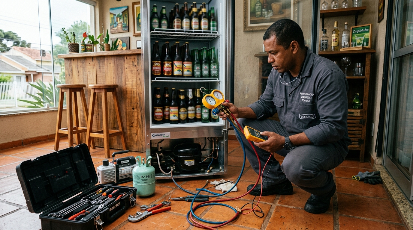 Técnico conferindo a temperatura de uma cervejeira durante atendimento em Guarulhos‑SP
